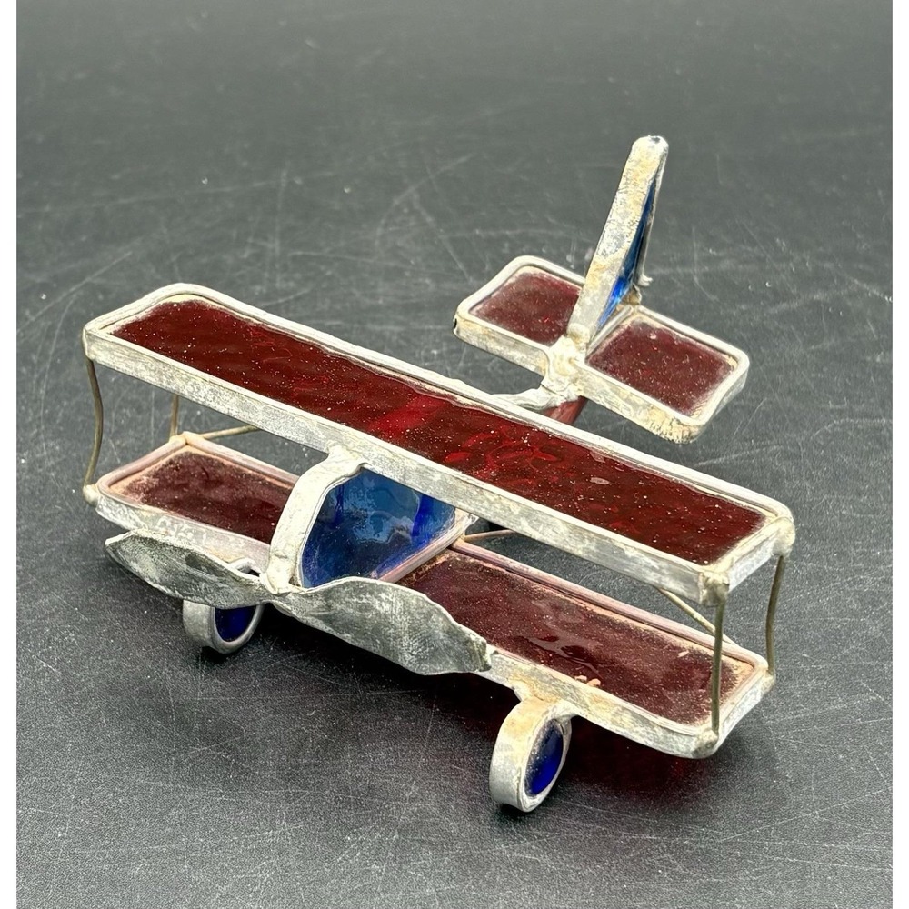 Vtg Stained Glass Biplane Plane Blue and Red Handmade Super Cool Shelf Sitter